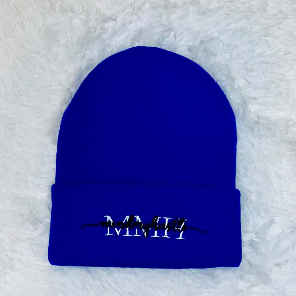 Custom Blue beanie from small business “MindMyHustle”.